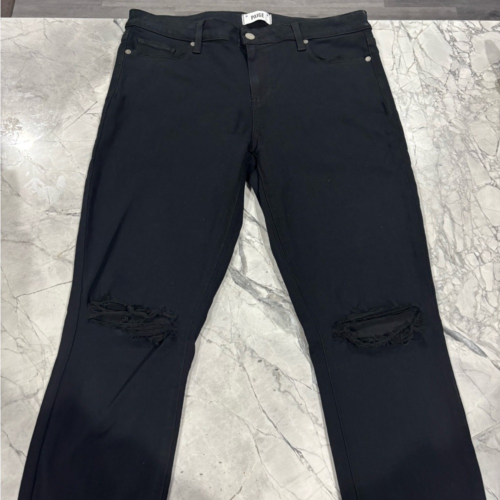 PAIGE Verdugo Ankle Jeans Women’s 32 Black Ripped Distressed Knee Skinny Denim